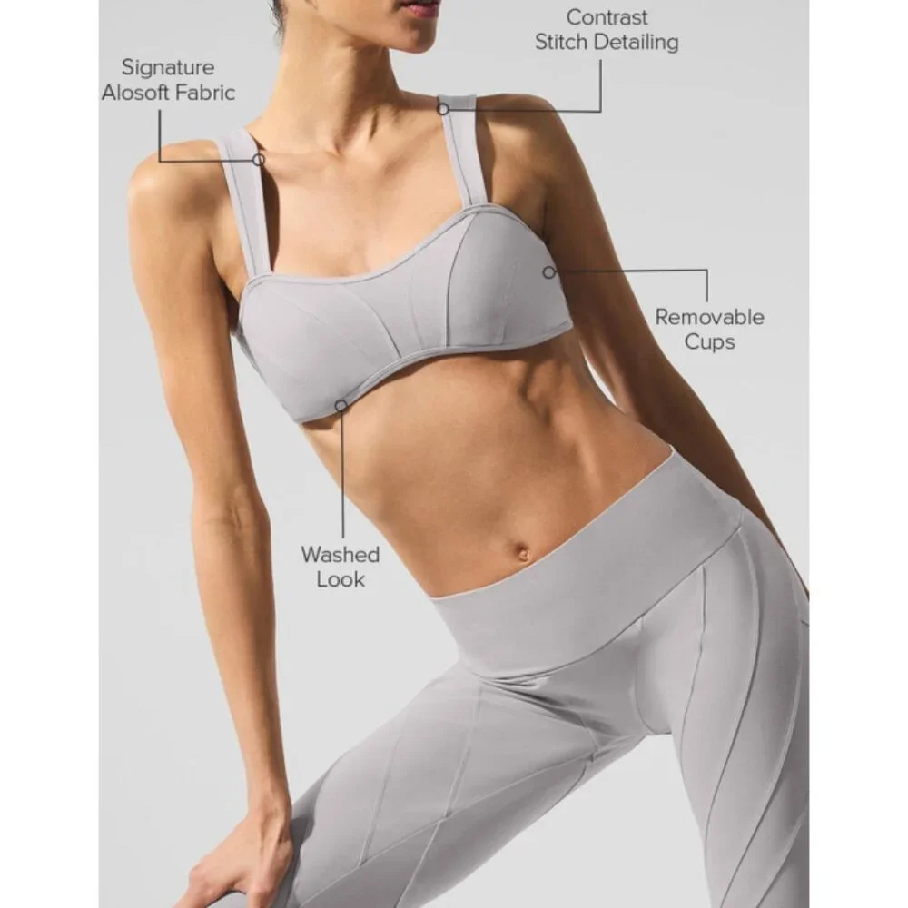 BUNDLE Alo Washed Alosoft Sunray Bra & High-Waist Legging Grey Sky Wash SET XS